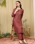 Zari Embroidered Blended Kurta Set with Full Sleeves & Palazzo
