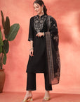 Zari Embroidered Kurta Set with Pocketed Palazzo and Printed Dupatta