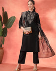 Zari Embroidered Kurta Set with Pocketed Palazzo and Printed Dupatta