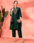 Zari Embroidered Kurta Set with Pocketed Palazzo and Printed Dupatta