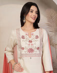 Embroidered Cotton Blend Kurta Set with Palazzo and Lace-Trimmed Dupatta
