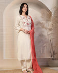 Embroidered Cotton Blend Kurta Set with Palazzo and Lace-Trimmed Dupatta