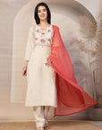Embroidered Cotton Blend Kurta Set with Palazzo and Lace-Trimmed Dupatta