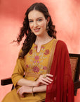 Embroidered Cotton Blend Kurta Set with Palazzo and Lace-Trimmed Dupatta