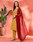 Embroidered Cotton Blend Kurta Set with Palazzo and Lace-Trimmed Dupatta
