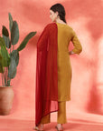 Embroidered Cotton Blend Kurta Set with Palazzo and Lace-Trimmed Dupatta