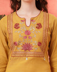 Embroidered Cotton Blend Kurta Set with Palazzo and Lace-Trimmed Dupatta
