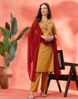 Embroidered Cotton Blend Kurta Set with Palazzo and Lace-Trimmed Dupatta