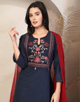 Embroidered Cotton Blend Kurta Set with Palazzo and Lace-Trimmed Dupatta