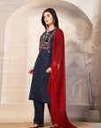 Embroidered Cotton Blend Kurta Set with Palazzo and Lace-Trimmed Dupatta
