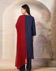 Embroidered Cotton Blend Kurta Set with Palazzo and Lace-Trimmed Dupatta