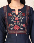 Embroidered Cotton Blend Kurta Set with Palazzo and Lace-Trimmed Dupatta