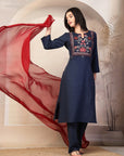 Embroidered Cotton Blend Kurta Set with Palazzo and Lace-Trimmed Dupatta