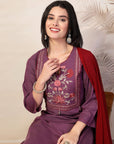 Embroidered Cotton Blend Kurta Set with Palazzo and Lace-Trimmed Dupatta