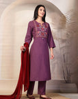 Embroidered Cotton Blend Kurta Set with Palazzo and Lace-Trimmed Dupatta