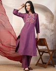 Embroidered Cotton Blend Kurta Set with Palazzo and Lace-Trimmed Dupatta