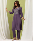Solid A-Line Kurta Set with Print Patch Embroidery