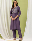 Solid A-Line Kurta Set with Print Patch Embroidery