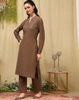 Embroidered Wool Blend Kurta Set with Full Sleeves