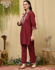 Embroidered Art Silk Co-Ord Set with Lace Accents