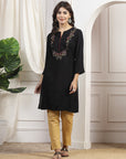 Solid Straight Viscose Rayon Kurta with Embroidery