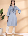 Solid A-Line Chambray Kurta with Mandarin Collar