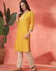 Bandhani Printed Calf Length Rayon Kurta for Women