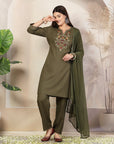 Solid A-Line Rayon Kurta Set with Embroidery & Chiffon Dupatta
