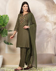 Solid A-Line Rayon Kurta Set with Embroidery & Chiffon Dupatta