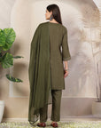 Solid A-Line Rayon Kurta Set with Embroidery & Chiffon Dupatta