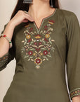 Solid A-Line Rayon Kurta Set with Embroidery & Chiffon Dupatta