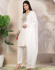 Solid A-Line Rayon Kurta Set with Embroidery & Chiffon Dupatta
