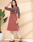 Paisley Printed Cotton Kurta with Mirror Embroidered Yoke & Mandarin Collar