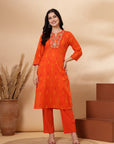 Abstract Printed Straight Cotton Cambric Kurta with Ethnic Embroidery and Palazzo Set