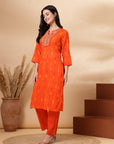 Abstract Printed Straight Cotton Cambric Kurta with Ethnic Embroidery and Palazzo Set