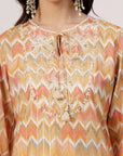 Zig-Zag Printed A-Line Poly Slub Kurta with Lace Detail and Elasticated Palazzo Set