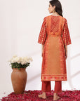 Ethnic Motif Printed Flared Cotton Cambric Kurta Set with Gotta Patti Work and Elasticated Palazzo