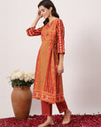Ethnic Motif Printed Flared Cotton Cambric Kurta Set with Gotta Patti Work and Elasticated Palazzo
