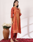 Ethnic Motif Printed Flared Cotton Cambric Kurta Set with Gotta Patti Work and Elasticated Palazzo