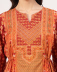 Ethnic Motif Printed Flared Cotton Cambric Kurta Set with Gotta Patti Work and Elasticated Palazzo