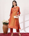 Ethnic Motif Printed Flared Cotton Cambric Kurta Set with Gotta Patti Work and Elasticated Palazzo