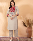 Cotton Linen Kurta Set with Print Patch & Mirror Embroidered Lace Sleeves