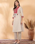 Cotton Linen Kurta Set with Print Patch & Mirror Embroidered Lace Sleeves
