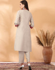 Cotton Linen Kurta Set with Print Patch & Mirror Embroidered Lace Sleeves