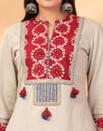 Cotton Linen Kurta Set with Print Patch & Mirror Embroidered Lace Sleeves