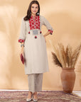Cotton Linen Kurta Set with Print Patch & Mirror Embroidered Lace Sleeves