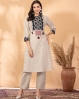 Solid Cotton Linen Straight Kurta Set with Print Patch & Lace-Sequin Detailing