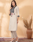 Solid Cotton Linen Straight Kurta Set with Print Patch & Lace-Sequin Detailing