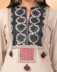 Solid Cotton Linen Straight Kurta Set with Print Patch & Lace-Sequin Detailing