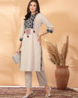 Solid Cotton Linen Straight Kurta Set with Print Patch & Lace-Sequin Detailing